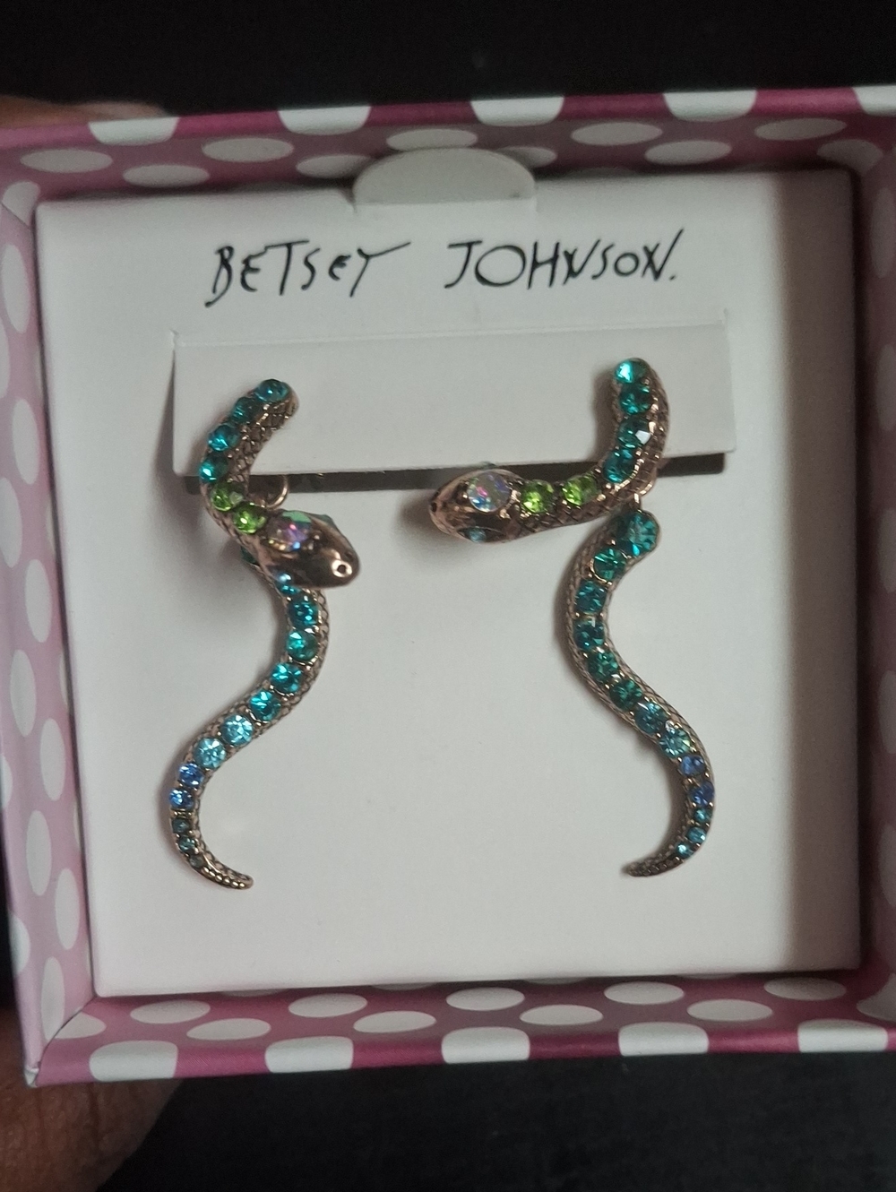 Betsey Johnson Blue & Green Crystal Snake Drop Earrings